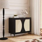 4ever2buy Rattan Buffet Cabinet with Storage, Black Sideboard Cabinet with Rattan Decor Doors, Buffet Table with Storage, Black Console Table with Adjustable Shelves, Living Room Cabinets