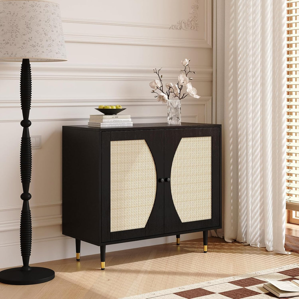 4ever2buy Rattan Buffet Cabinet with Storage, Black Sideboard Cabinet with Rattan Decor Doors, Buffet Table with Storage, Black Console Table with Adjustable Shelves, Living Room Cabinets