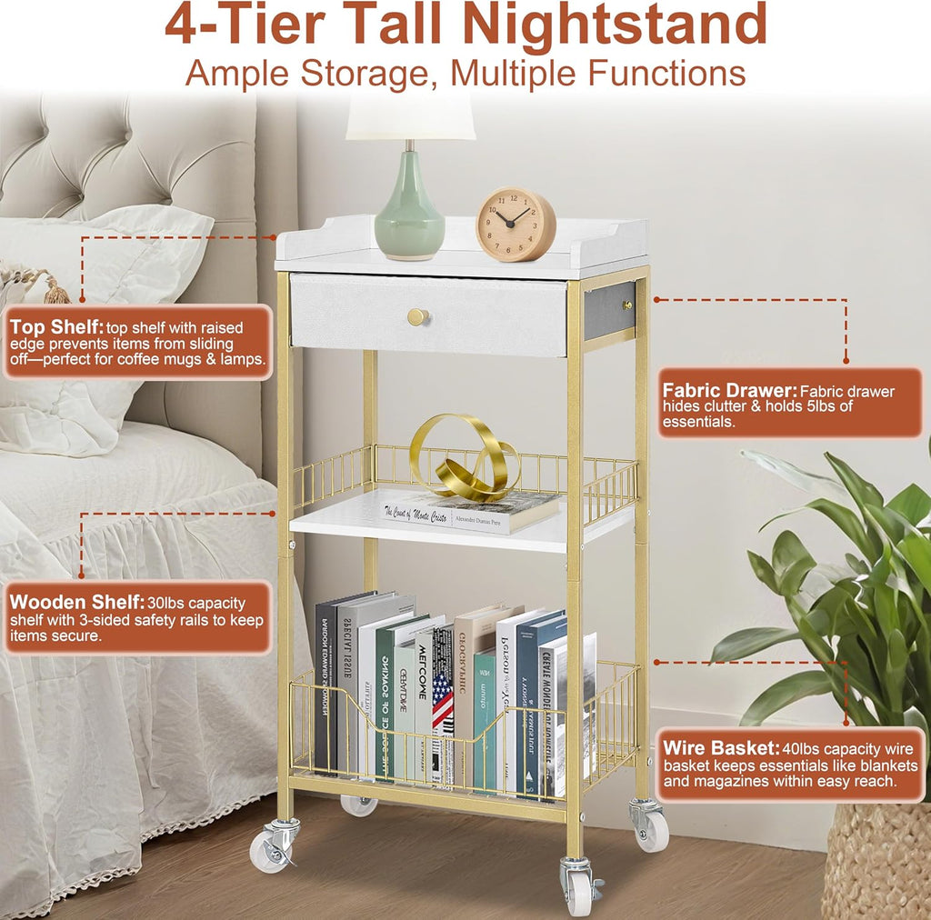 Gold & White Side Table with Storage Basket, Tall End Table with Drawer, 4-Tier Bathroom Storage Shelf with Optional Wheels, Nightstand for Dorm, Living Room, Bedroom