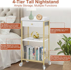 Gold & White Side Table with Storage Basket, Tall End Table with Drawer, 4-Tier Bathroom Storage Shelf with Optional Wheels, Nightstand for Dorm, Living Room, Bedroom