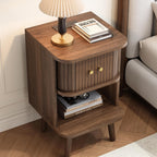 Decofy Fluted Nightstand Set of 2, Mid Century Modern Bedside Table with Charging Station, Walnut End Tables with Sliding Tambour Doors, Storage Cabinet and Open Shelf for Bedroom, Walnut