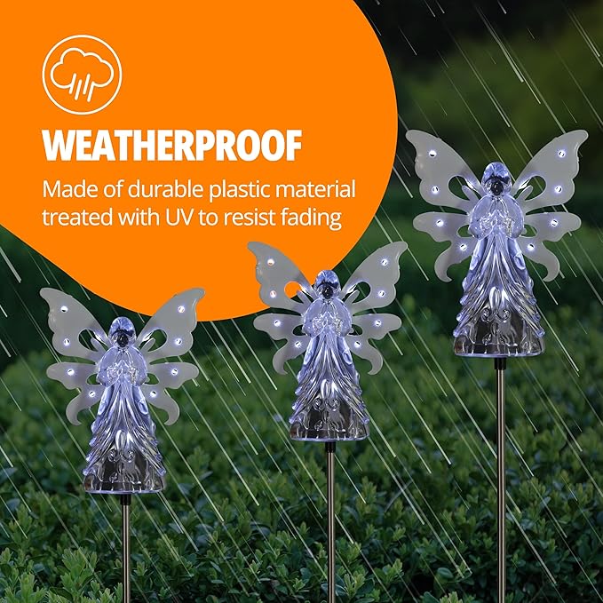 Exhart Garden Solar Lights, Decorative Angel Garden Stake, 13 LEDs, Cute Yard and Pathway Decor, White, 7 x 40 Inch