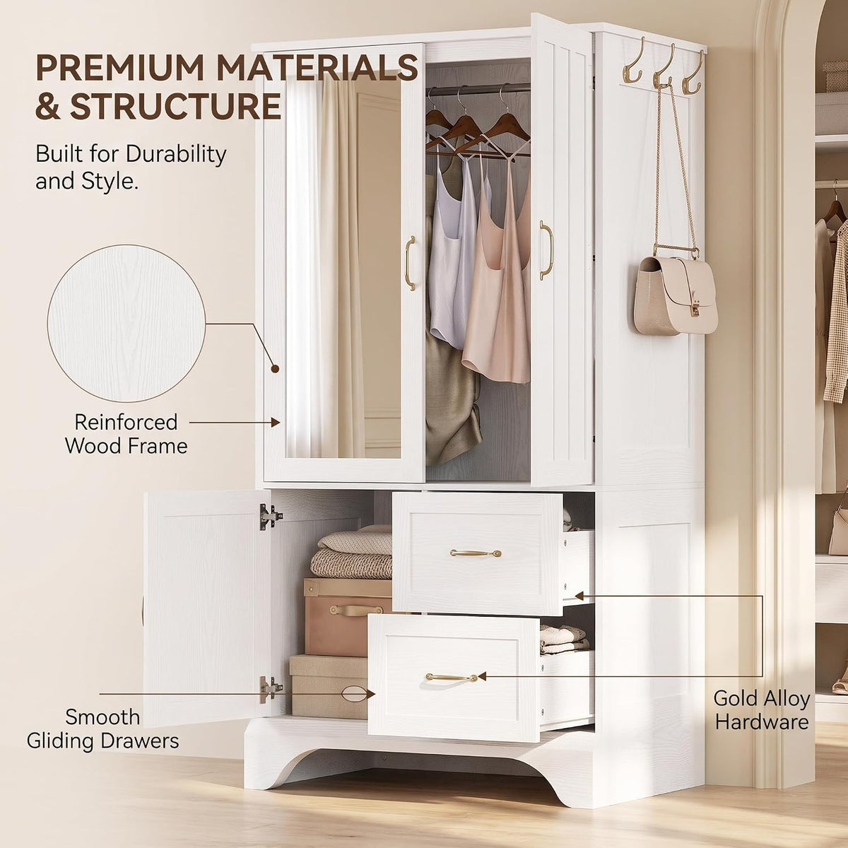 LIKIMIO Armoire Wardrobe with Mirror, 3-Door Hanging Rod & Drawers | 3-door armoire with mirror. Hanging rod, 2 drawers, 4 hooks. P2 MDF, anti-tip.