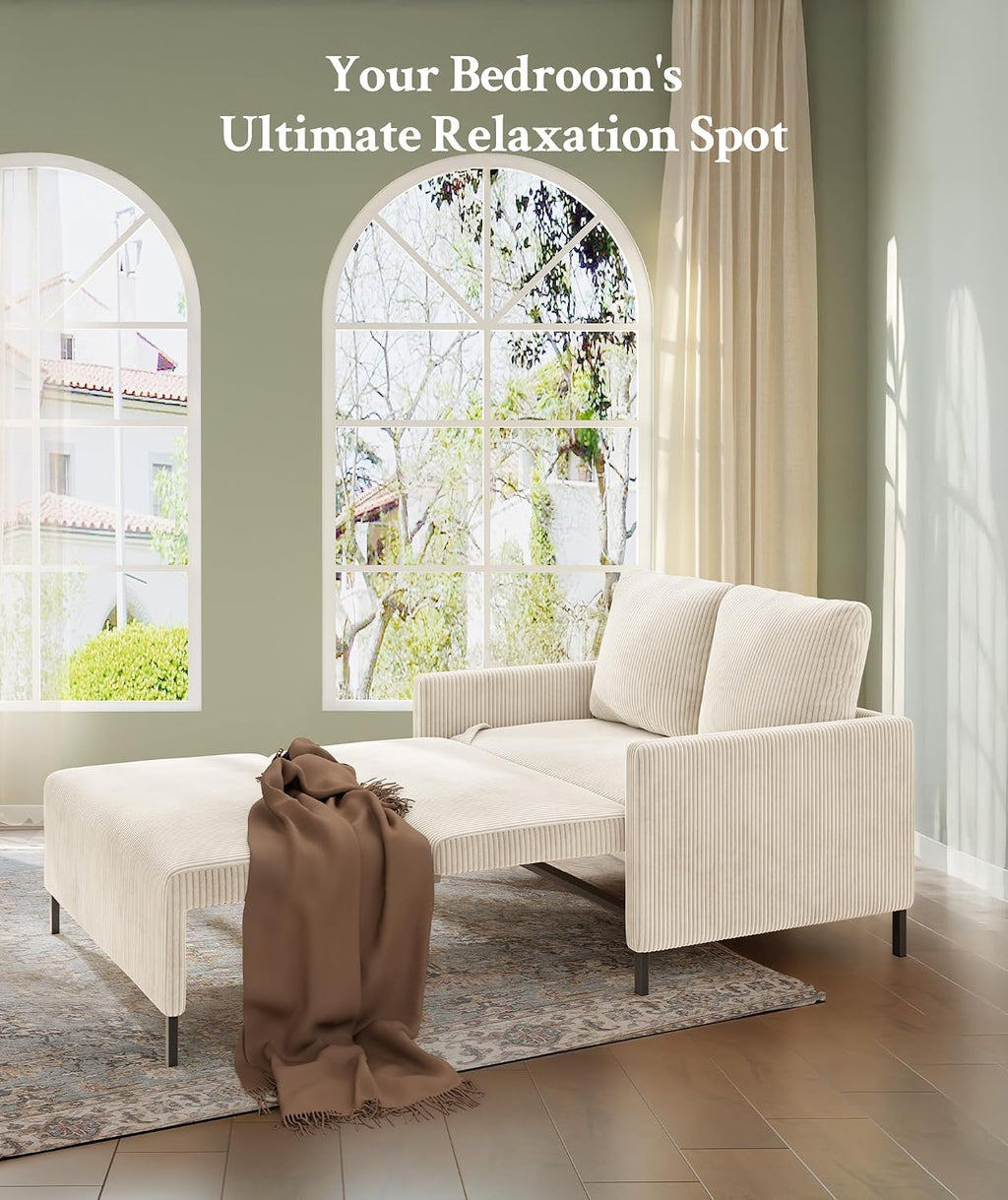Welzona Loveseat Sleeper Sofa 47", Convertible Sofa Bed, Corduroy Love seat | 620lbs Capacity Love Seat Sleeper Bed, Easy Setup Small Couch Bed 2 Pillow, Small Couches for Living Room/Office, Ivory White