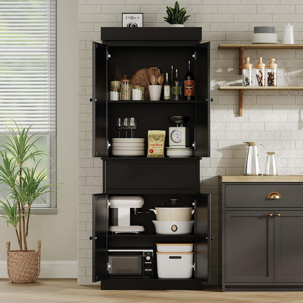 Tall Kitchen Pantry Cabinet with Rattan Doors, Adjustable Shelves & Drawer, Freestanding Storage Cupboard for Bathroom, Dining Room & Living Room（New Black）