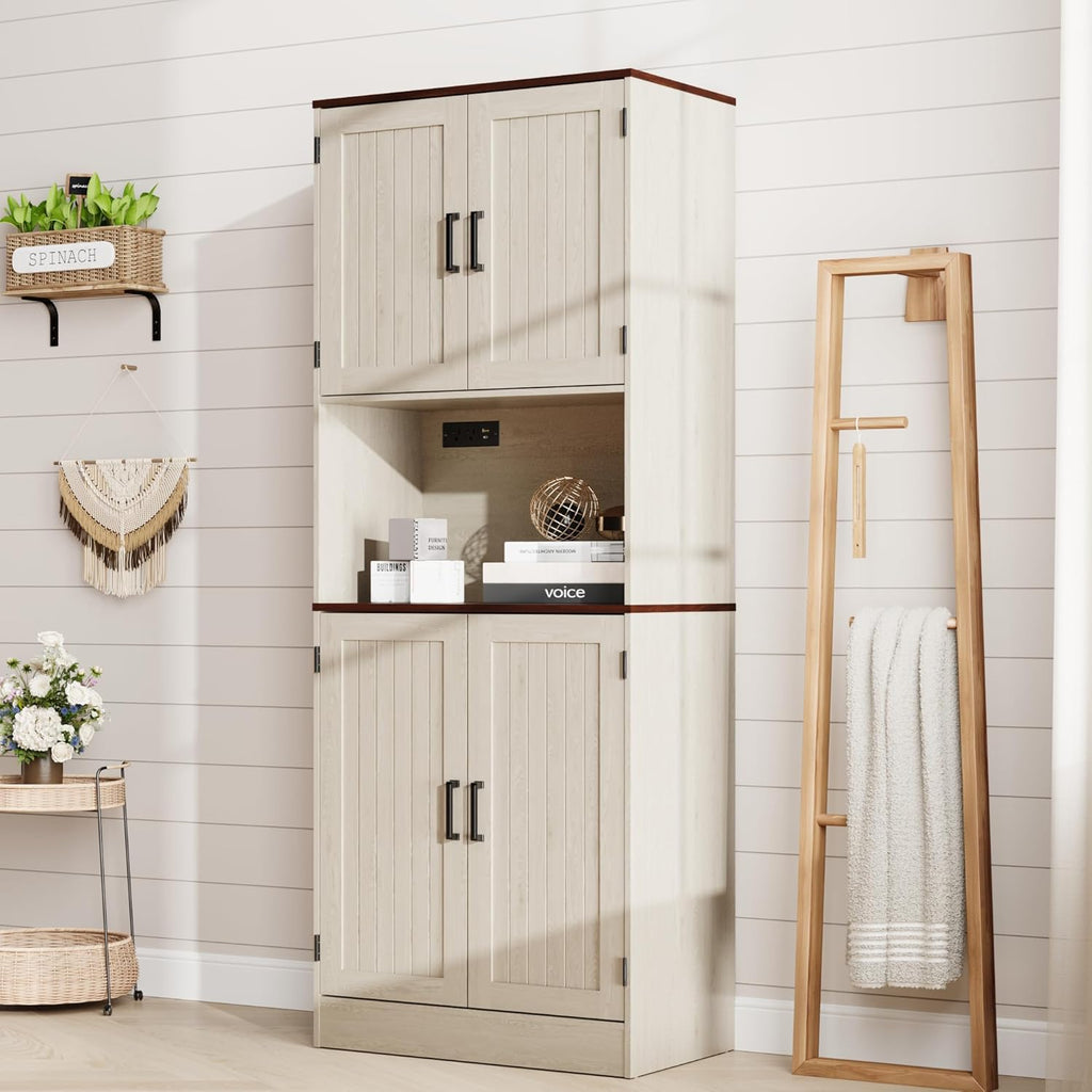 MHOM 71" Tall Pantry Cabinet with Charging Station, Farmhouse Kitchen Hutch with Adjustable Shelves, Modern Kitchen Pantry Storage Cabinet for Dinning Room & Living Room, Antique Oak