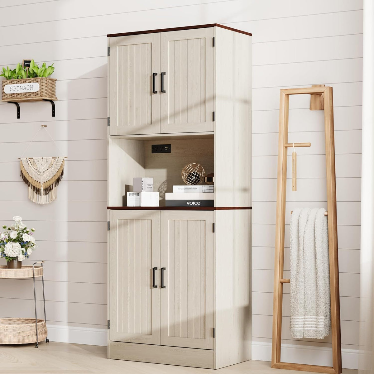 MHOM 71" Tall Pantry Cabinet with Charging Station, Farmhouse Kitchen Hutch with Adjustable Shelves, Modern Kitchen Pantry Storage Cabinet for Dinning Room & Living Room, Antique Oak