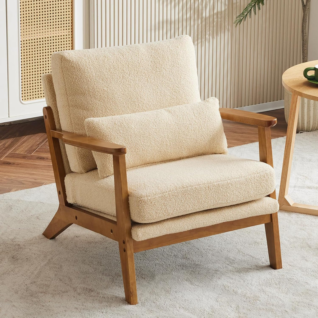 Karl home Mid-Century Lounge Accent Chair, Khaki | Wide Curved Armrest, Teddy Fleece, Lumbar Pillow Included, Solid Wood Frame, For Living Room, Bedroom, Balcony, Apartment