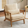 Karl home Mid-Century Lounge Accent Chair, Khaki | Wide Curved Armrest, Teddy Fleece, Lumbar Pillow Included, Solid Wood Frame, For Living Room, Bedroom, Balcony, Apartment