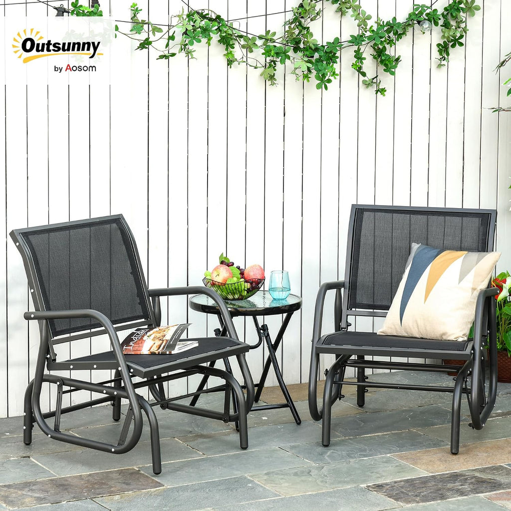 Outsunny Porch Glider Set of 2 Steel Frame Black | Swing Glider Chair, Breathable Mesh Fabric, Curved Armrests, for Garden, Poolside, Backyard, Balcony