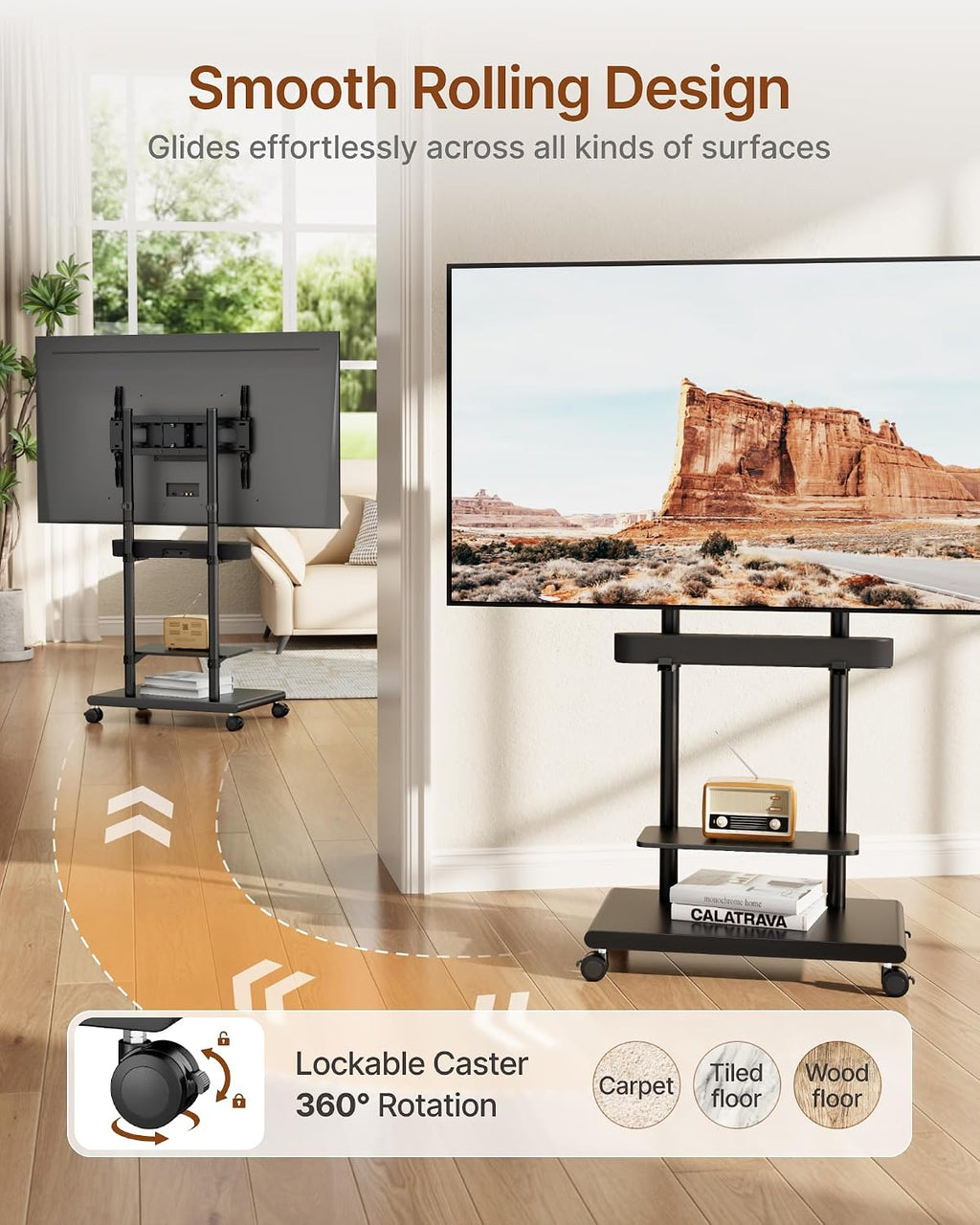 Rolling TV Stand with Soundbar Mount for 37-75inch TVs up to 154lbs | Swivel&Tilt Mobile TV Stand with Large Storage,Height Adjustable,Steel Base,Max VESA 600x400mm,Sturdiness,Easy Assembly,Black
