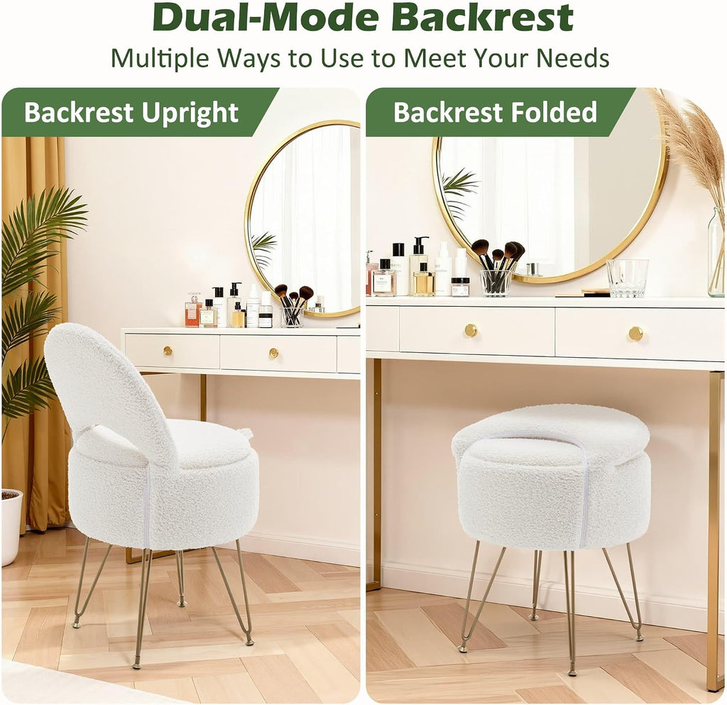 Korser Vanity Stool Chair with Storage and Folding Back, 13"x13"x27.6" Round Faux Fur Comfy Ottoman, 4 Metal Legs with Anti-Slip Feet, Makeup Chair for Living Room, Bedroom, Dressing Room