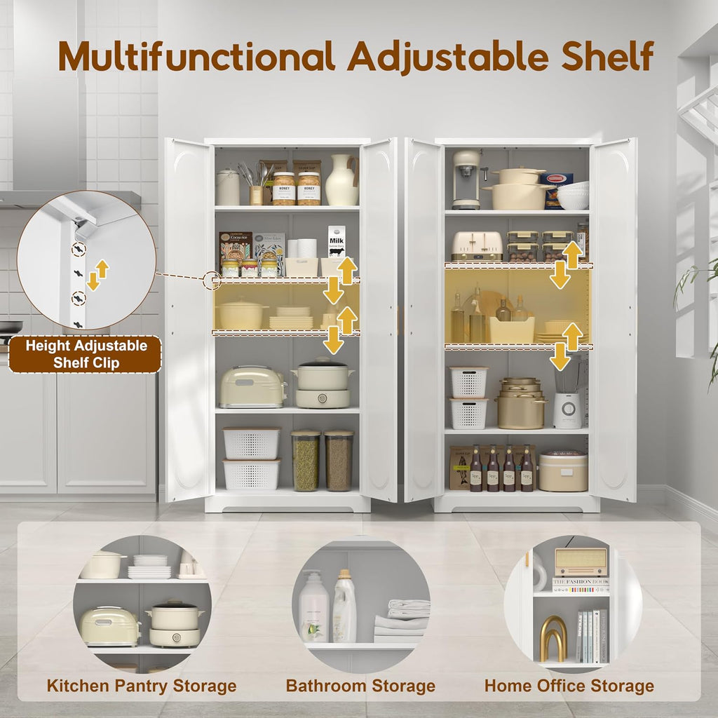 UNICOLY 71" Tall Storage Cabinet, Metal Kitchen Pantry Storage Cabinets | Pantry Cabinet with Doors and 4 Shelves，White Cabinets for Laundry Room, Living Room, Dinning Room, Assembly Required