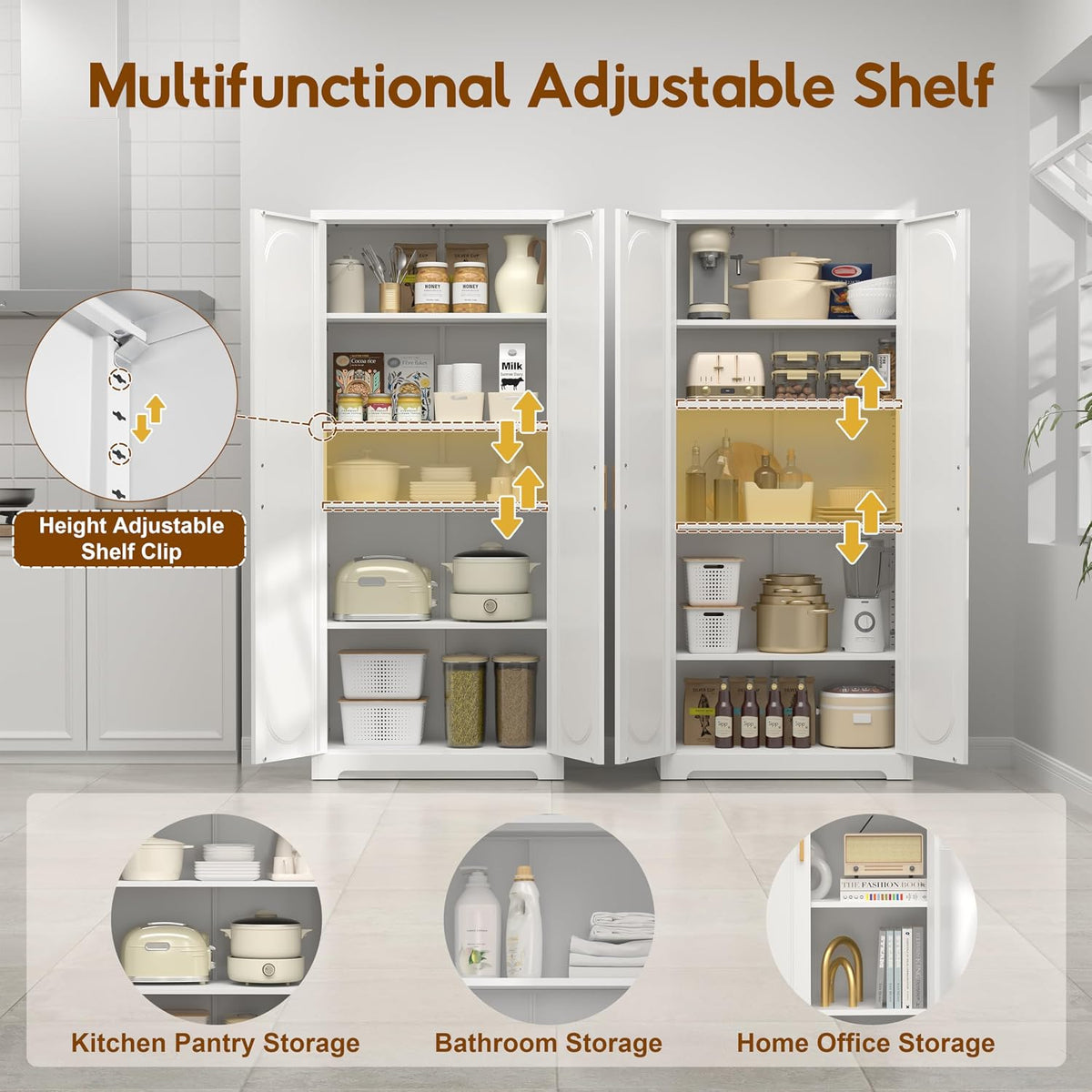 UNICOLY 71" Tall Storage Cabinet, Metal Kitchen Pantry Storage Cabinets | Pantry Cabinet with Doors and 4 Shelves，White Cabinets for Laundry Room, Living Room, Dinning Room, Assembly Required