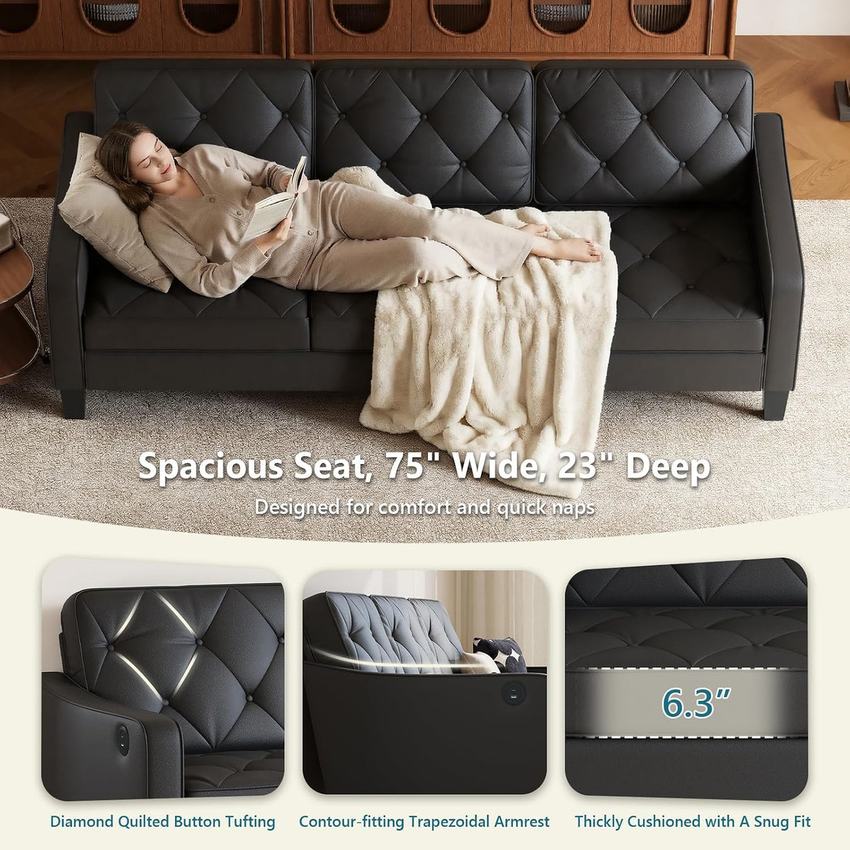 83" Black Faux Leather 3 Seater Couch, Mid Century Tufted Sofa Living Room | STHOUYN Office Couch, Tufted Design, High Resilience Foam, 700 lb Capacity, Easy Assembly, Waiting Room Area, Small Couches