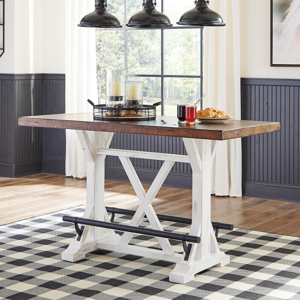 Signature Design by Ashley Valebeck Counter Height Dining Table, Rustic Farmhouse Design, Black Metal Footrest, Seats Up to 4, Great for Small Spaces, White