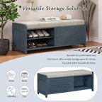 LUMISOL Shoe Bench with Storage and Cushion, Farmhouse Distressed Shutter Storage Bench with Retro Charm for Living Room, Entryway, Navy