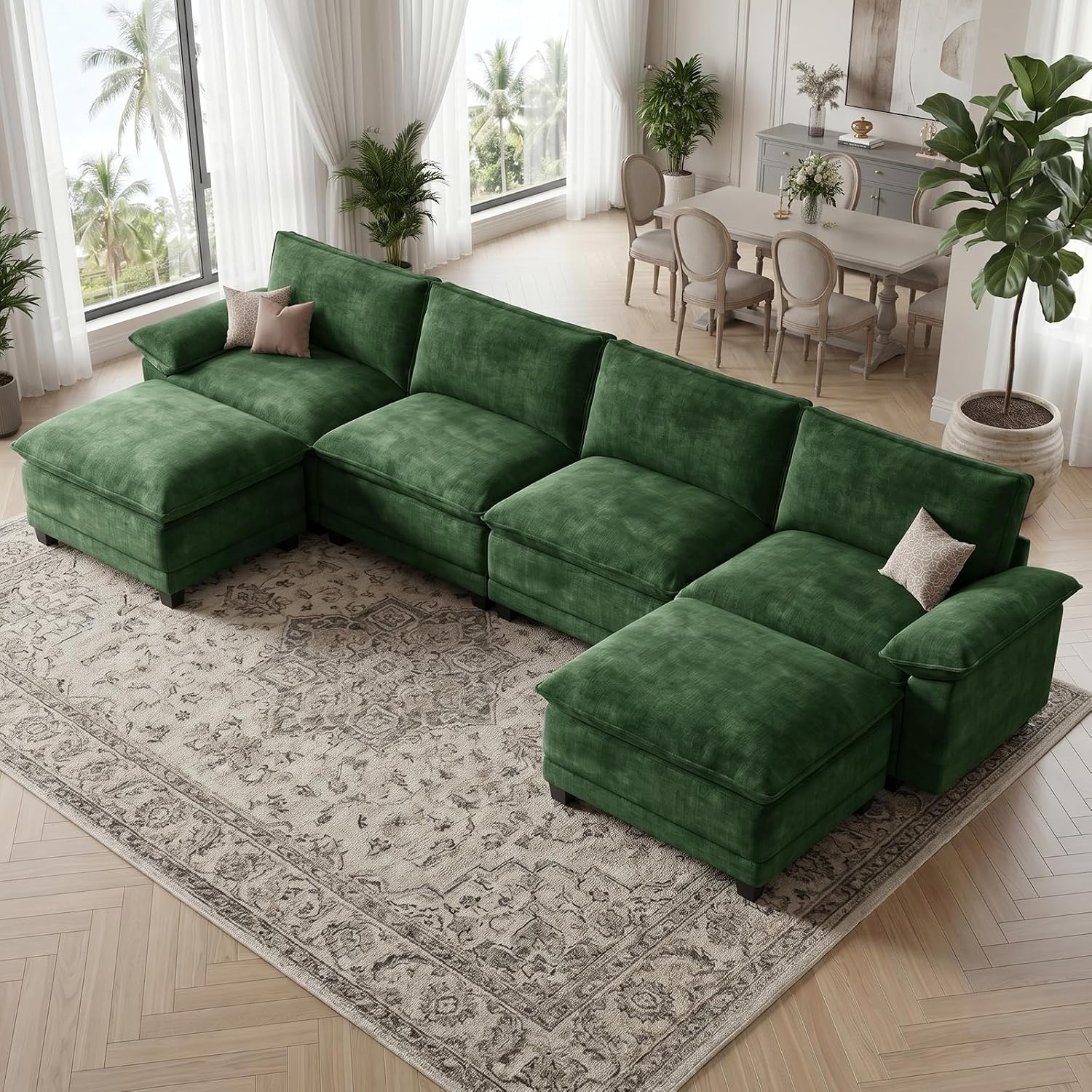 140" Modular Sectional Couch, U Shaped Cloud Sofa for Living Room | Comfortable Foam Cushions, Sturdy Frame, Appealing Appearance, Easy Assembly, Soft Chenille, Modular Design, Green