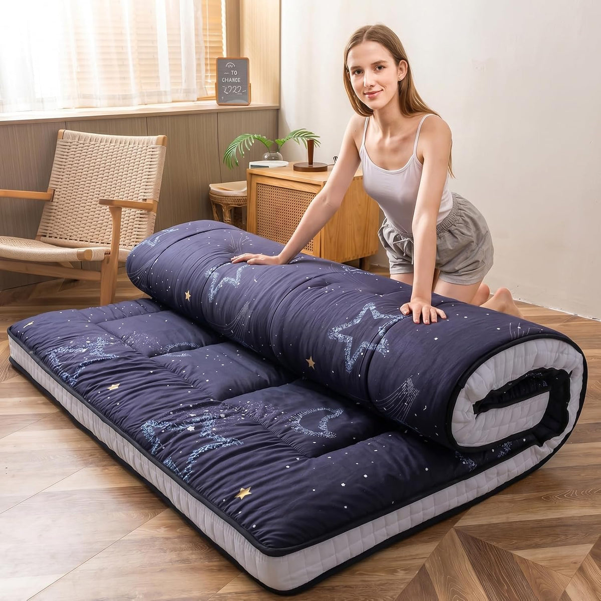 MAXYOYO Futon Mattress, Japanese Floor Mattress Folding Sleeping Pad | Black Moon and Star Quilted Mattress Topper, Extra Thick Breathable Floor Lounger Guest Couch for Camping, Queen
