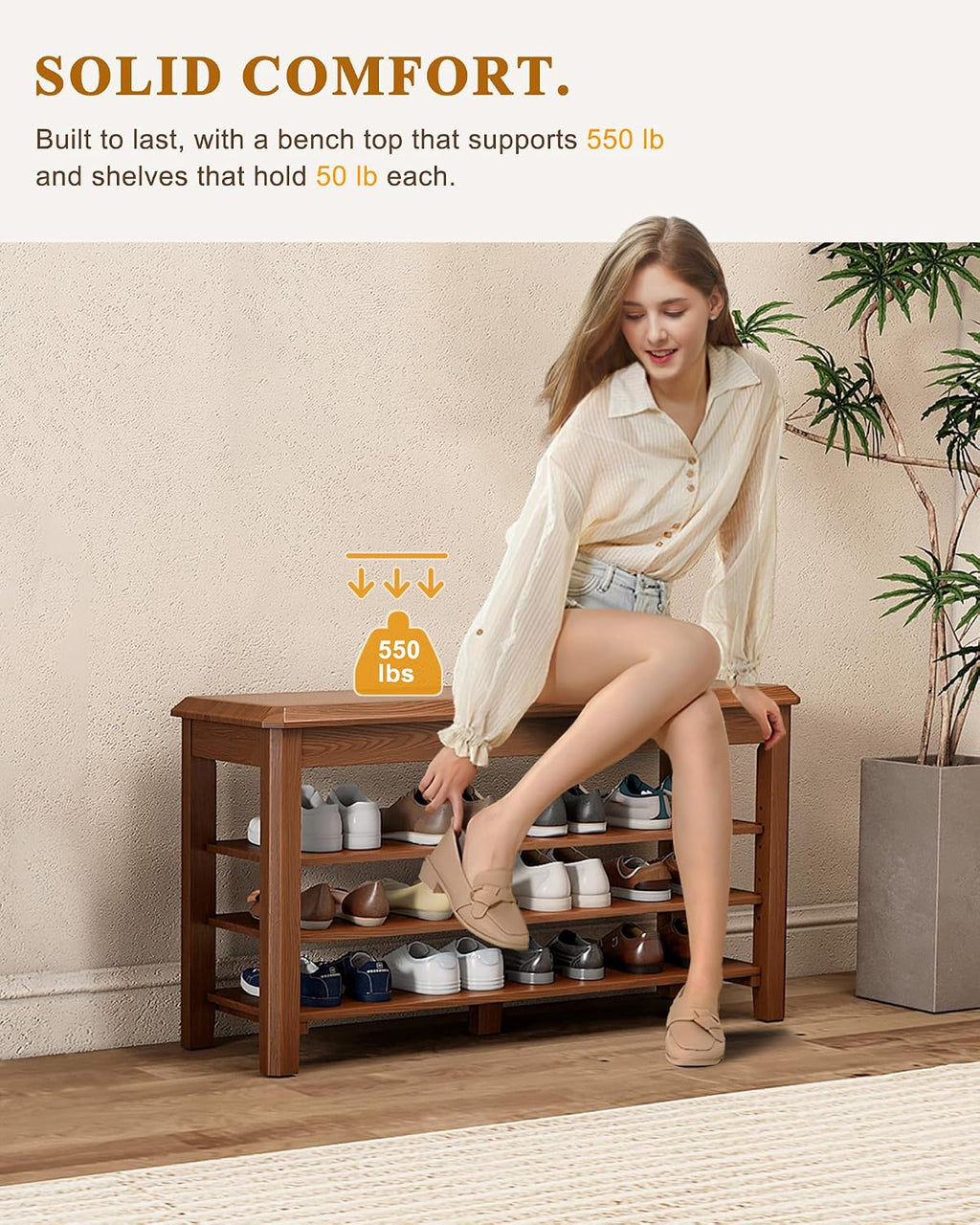 IUNVR Shoe Rack Bench Seat Rubberwood 3-Tier Wooden Storage Bench 550lbs Compact Mid-Century Modern Design for Entryway, Hallway, Closet, Front Door Entrance, Foyer