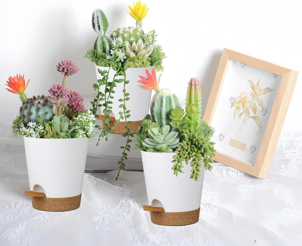 12 Pack 4 Inch Self Watering Plant Pots with Drainage and Saucers，Plastic Flower Pots for Indoor and Outdoor Plants, Nursery Planters for Houseplants and Herbs White Brown, 4 inch 12pcs