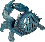 Crab Wine Bottle Holder, 8 Inch Turquoise Resin with Coral-Look Center | Raised Claws, Shell Ridges, Textured Legs, Distressed Whitewashed Finish, Open Center for Angled Display