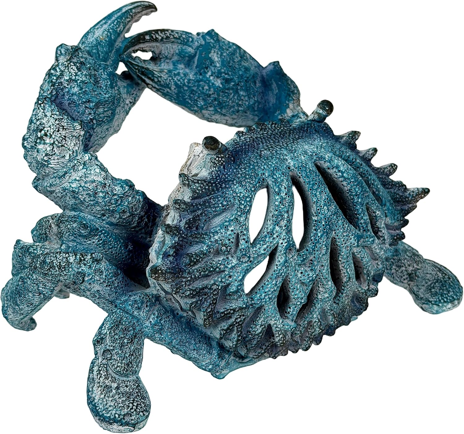 Crab Wine Bottle Holder, 8 Inch Turquoise Resin with Coral-Look Center | Raised Claws, Shell Ridges, Textured Legs, Distressed Whitewashed Finish, Open Center for Angled Display