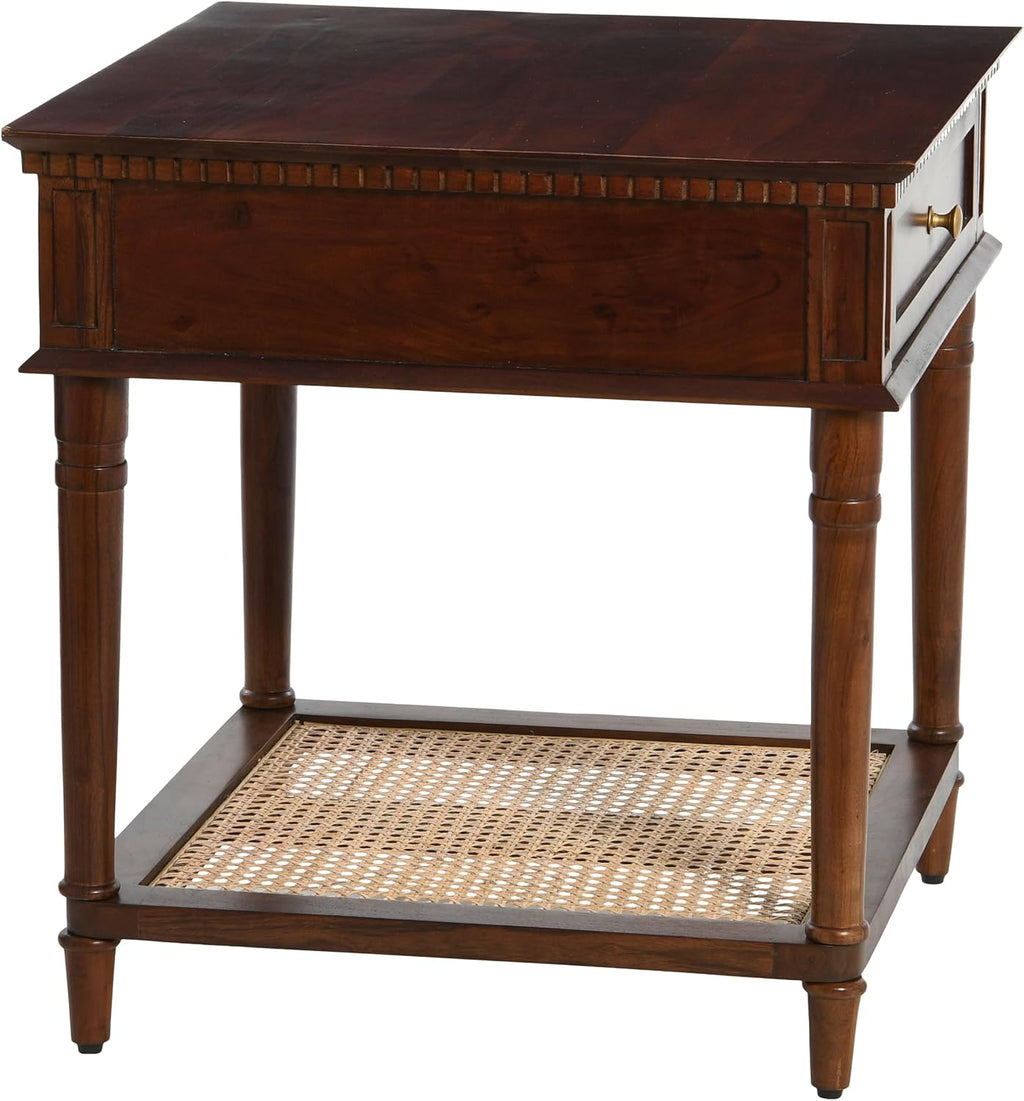Creative Co-Op Maxwelton Solid Wood End Table with Drawer and Woven Cane Storage Shelf, Dark Chestnut and Natural