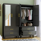 RIETERN Metal Armoire Wardrobe Closet, 71" Tall Bedroom Closet with Mirror, 2 Drawers, Adjustable Shelves, and Hanging Rod, Steel Clothes Closets and Storage, for Bedroom Black