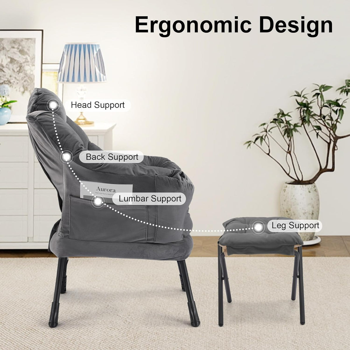 SAETSFEG Lazy Chair with Ottoman, Modern Accent Lounge Chair with Side Pocket and Armrests, Cozy Reading Armchair with Footrest, Upholstered Sofa Chair for Small Spaces, Bedroom Living Room, Dark Grey