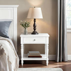 Solid Wood Nightstand with Charging Station, Traditional End Table with Drawers and Open Shelf, Bedside Table with Storage, Modern Side Table for Bedroom Set of 2, White