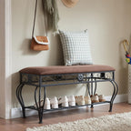 Bluecat Entryway Shoe Bench with Brown Padded Cushion, Metal Frame Multi-Functional Shoe Changing Bench for Hallway Living Room Bedroom