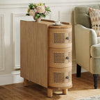 Tribesigns Solid Wood End Table, 3-Drawer Rattan Side Table, Night Stand with 3 Rattan Drawers and Embossed Handles for Living Room, No Assembly Required (1, Oak)