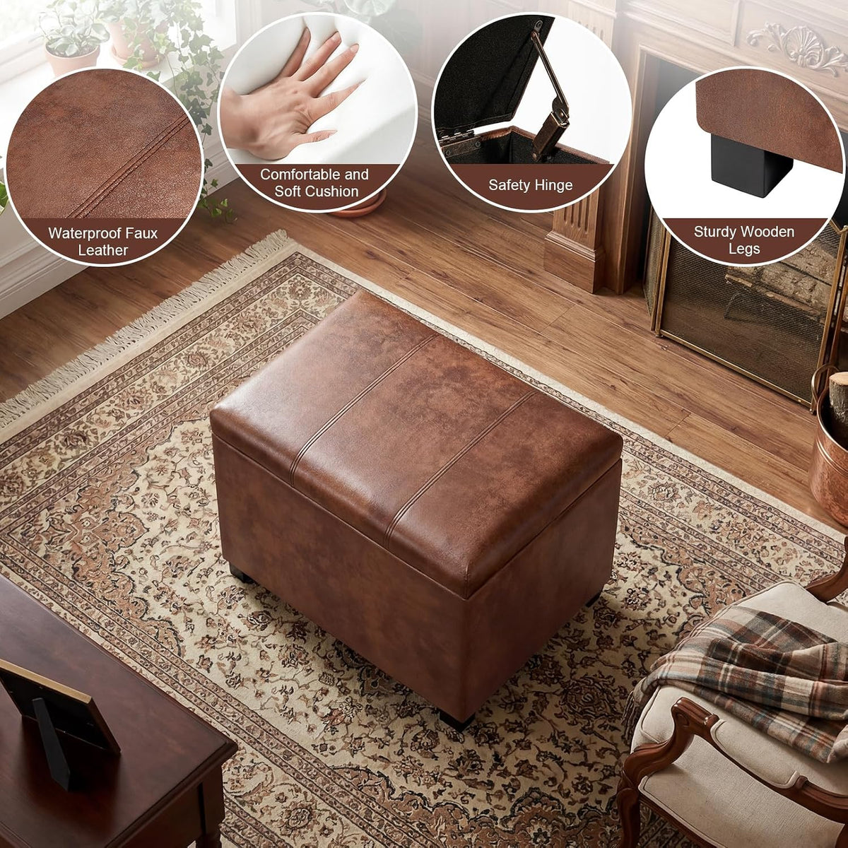 Joveco 24" Leather Storage Ottoman Bench, Rectangle Foot Rest Stool for Living Room, Bedroom, Entryway, Coffee