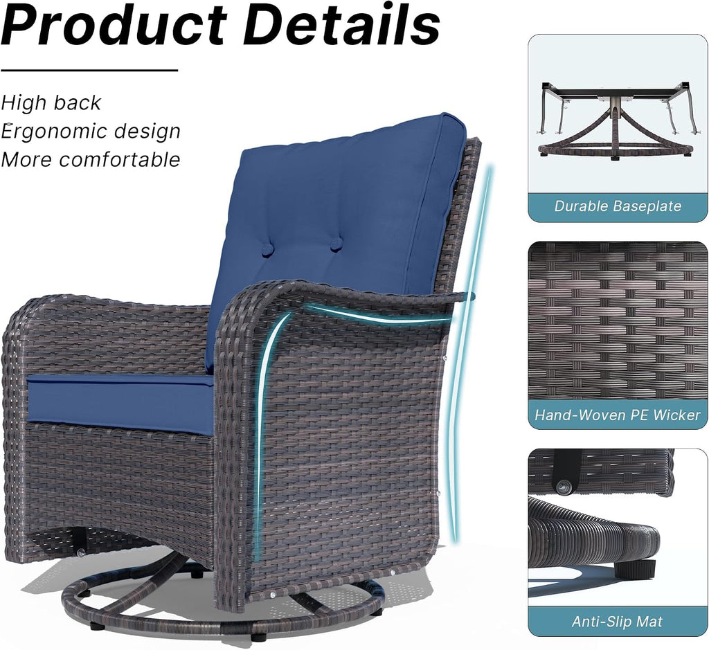 Kurapika 3 Pieces Patio Furniture Set Outdoor Swivel Gliders Rocker, Wicker Patio Bistro Set, Rattan Rocking Chair with Tempered Glass Side Table and Thickened Cushions (Navy Blue)