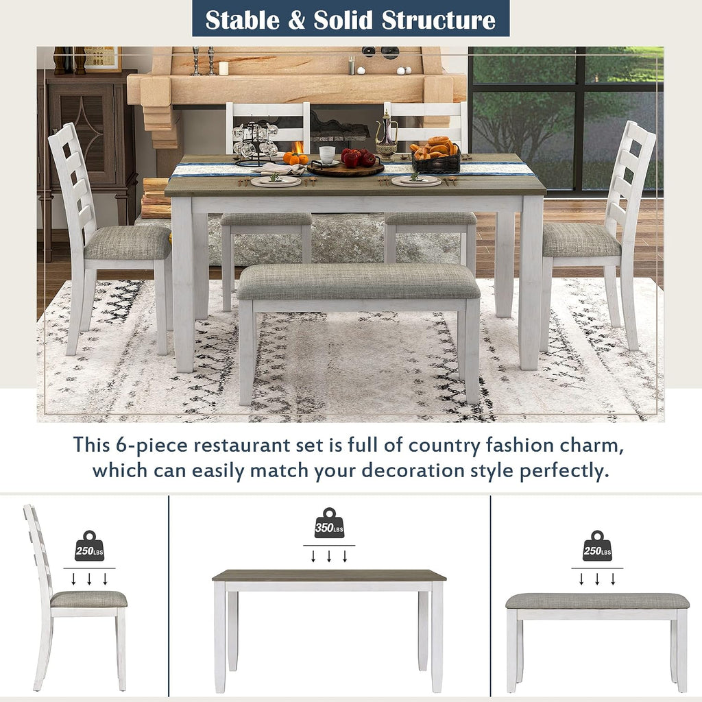 Harper & Bright Designs Rustic 6-Piece Dining Set with Table, 4 Upholstered Chairs & Bench | Farmhouse Kitchen Table Set for Dining Room (Brown + Whitewash)
