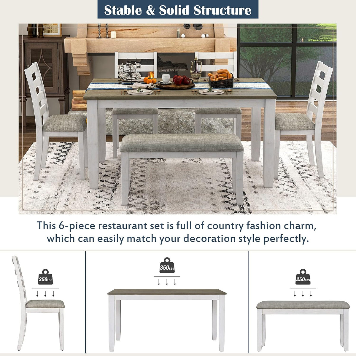 Harper & Bright Designs Rustic 6-Piece Dining Set with Table, 4 Upholstered Chairs & Bench | Farmhouse Kitchen Table Set for Dining Room (Brown + Whitewash)