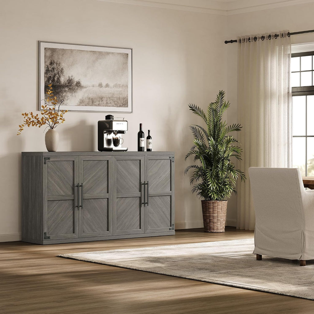 SICOTAS Buffet Cabinet with 4 Doors, Modern Sideboard Cabinet with Storage and Adjustable Shelves, Large Credenza Storage Cabinet (1, Ash Gray)