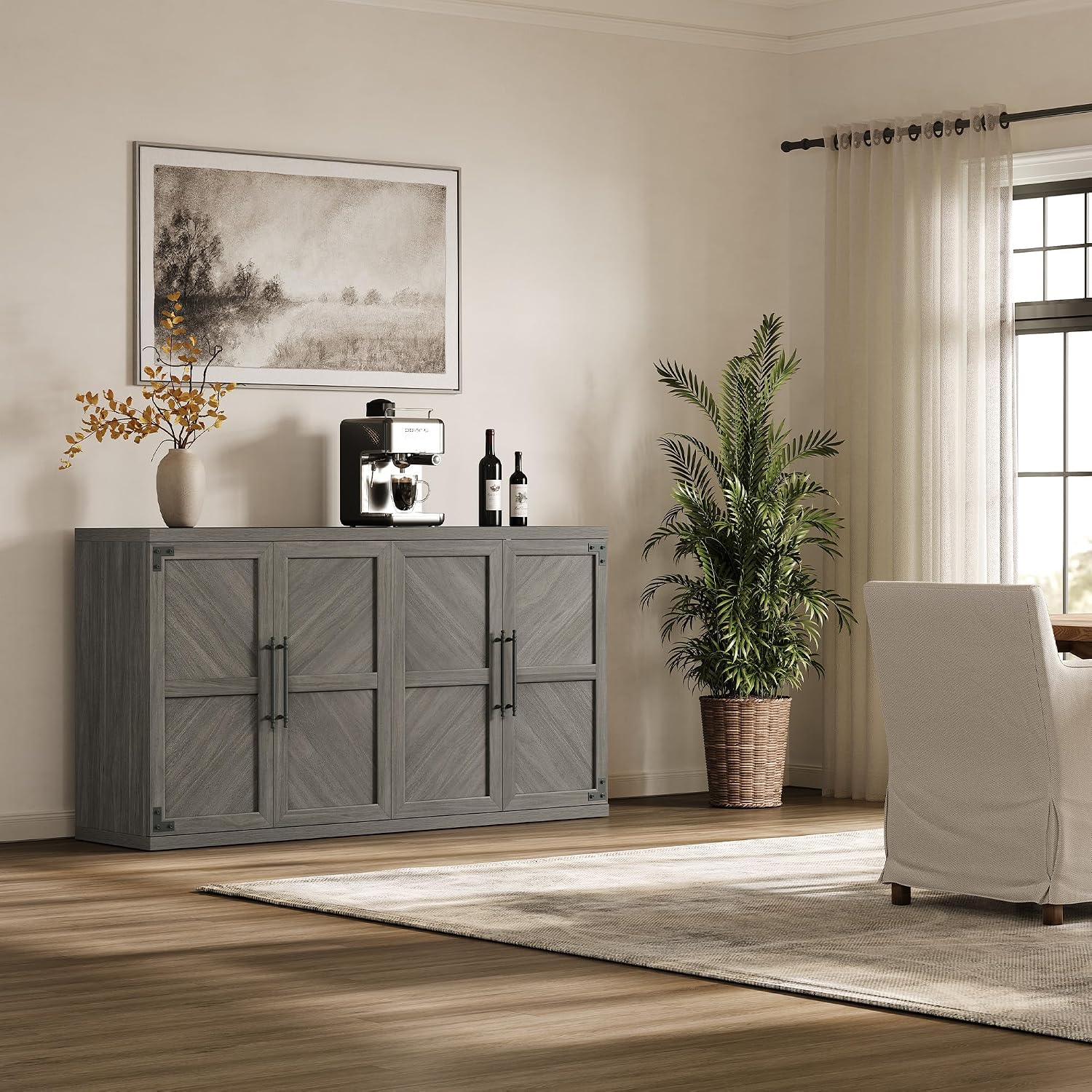 SICOTAS Buffet Cabinet with 4 Doors, Modern Sideboard Cabinet with Storage and Adjustable Shelves, Large Credenza Storage Cabinet (1, Ash Gray)