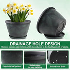 11 inch Plant Pot Set of 3, Plastic Flower Pots with Drainage Hole & Tray, Decorative Round Planters for Indoor Plants, Modern Outdoor Home Flowers Plants Garden Pots (Green)