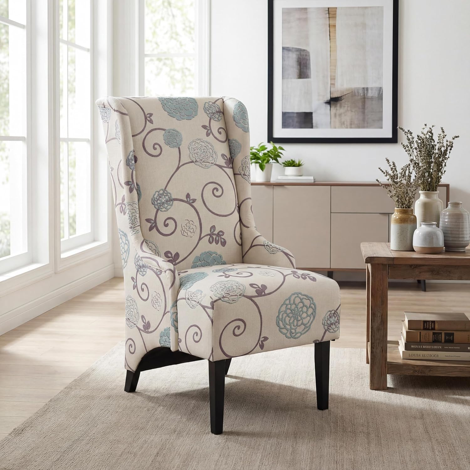 Christopher Knight Home Micua Luxury Upholstered Dining Chair with Floral Fabric Accent, Dining Room Chair with High Wingback, Comfy Living Room Chair and Birch Wood Legs, Extra Seating, Beige + Black