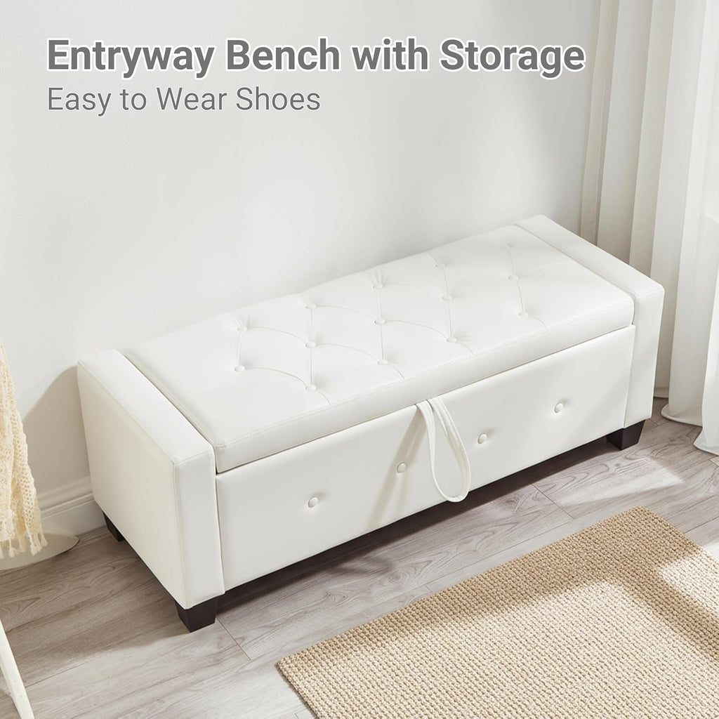 48" Faux Leather Ottoman with Storage, Tufted Storage Ottoman Bench with Safety Hinge, Rectangular Extra Long Bench for Bedroom, Living Room, Entryway and Window, White