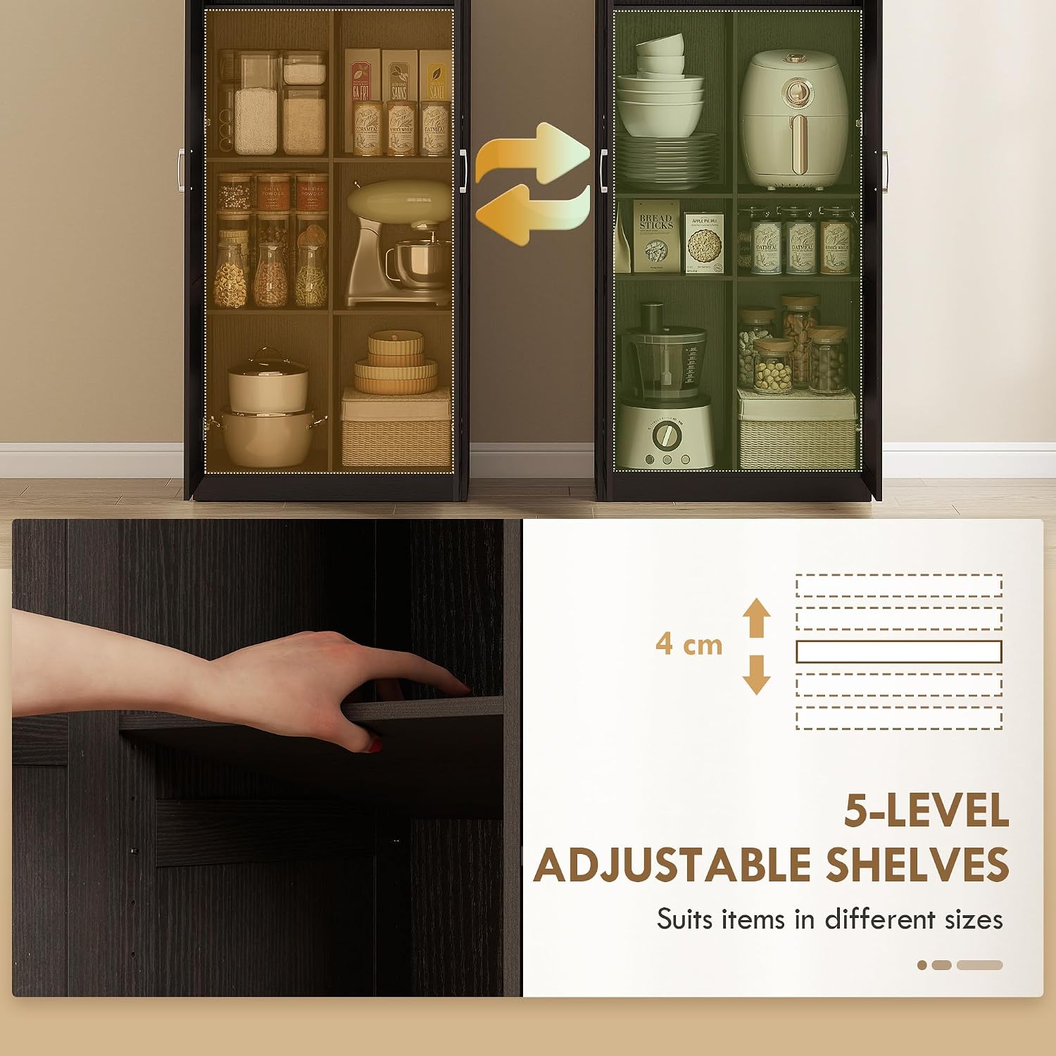 HOMCOM 71" Tall Kitchen Pantry Cabinet with 4 Adjustable Shelves Espresso | Large Multipurpose Storage Cabinet, Modern Farmhouse Freestanding Food Pantry, Framed Doors, Soft-Close Hinges