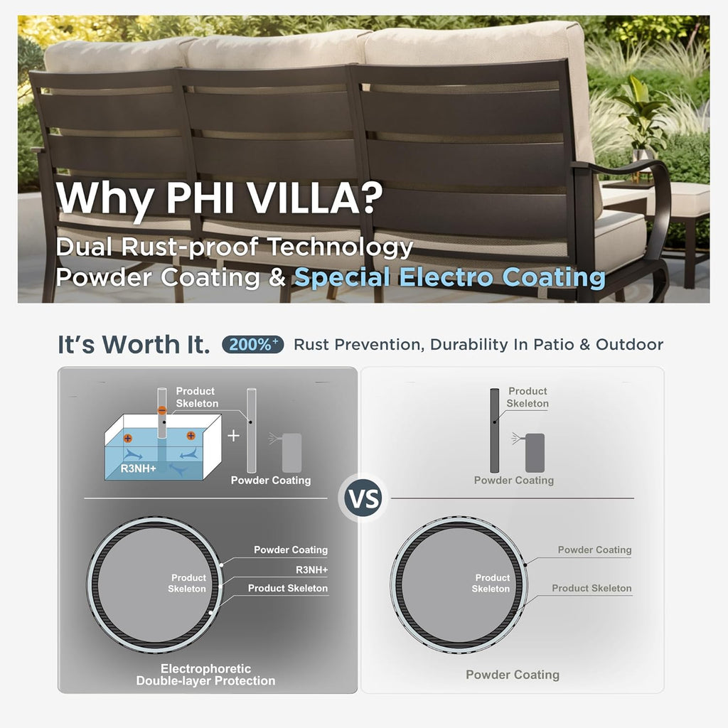 PHI VILLA Metal Patio Sofa with 5.75" Extra-Thick Waterproof Cushion, 3 Seater Deep Seat & High Back Outdoor Couch, All Weather Porch Furniture for Deck Backyard Front Porch Apartment,Beige