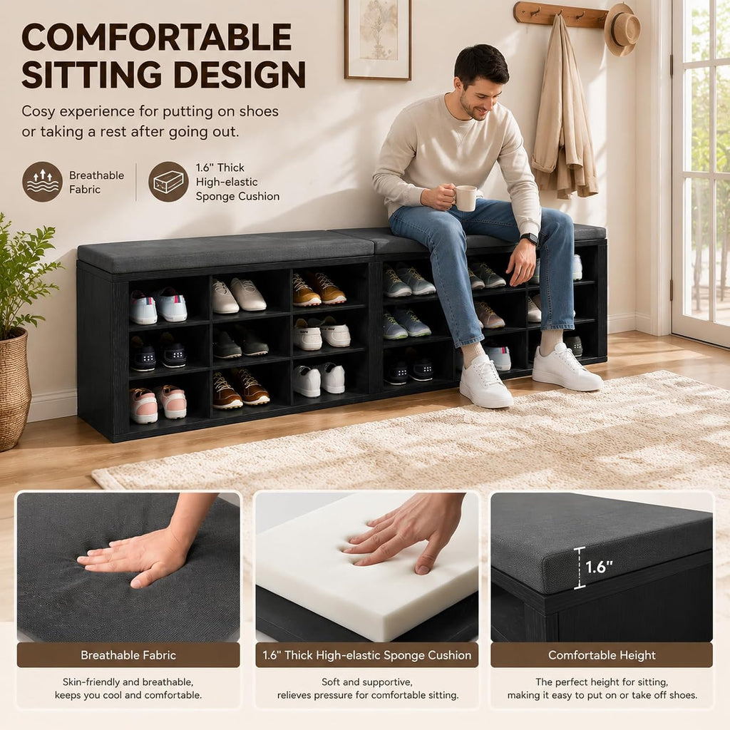 AMONIDA Shoe Storage Bench with Cushion, Entryway Bench with Shoe Storage,18 Cubby Shoe Bench with Removable Dividers, Shoe Organizer Bench for Entryway, Living Room, Light Grey (18, Black)