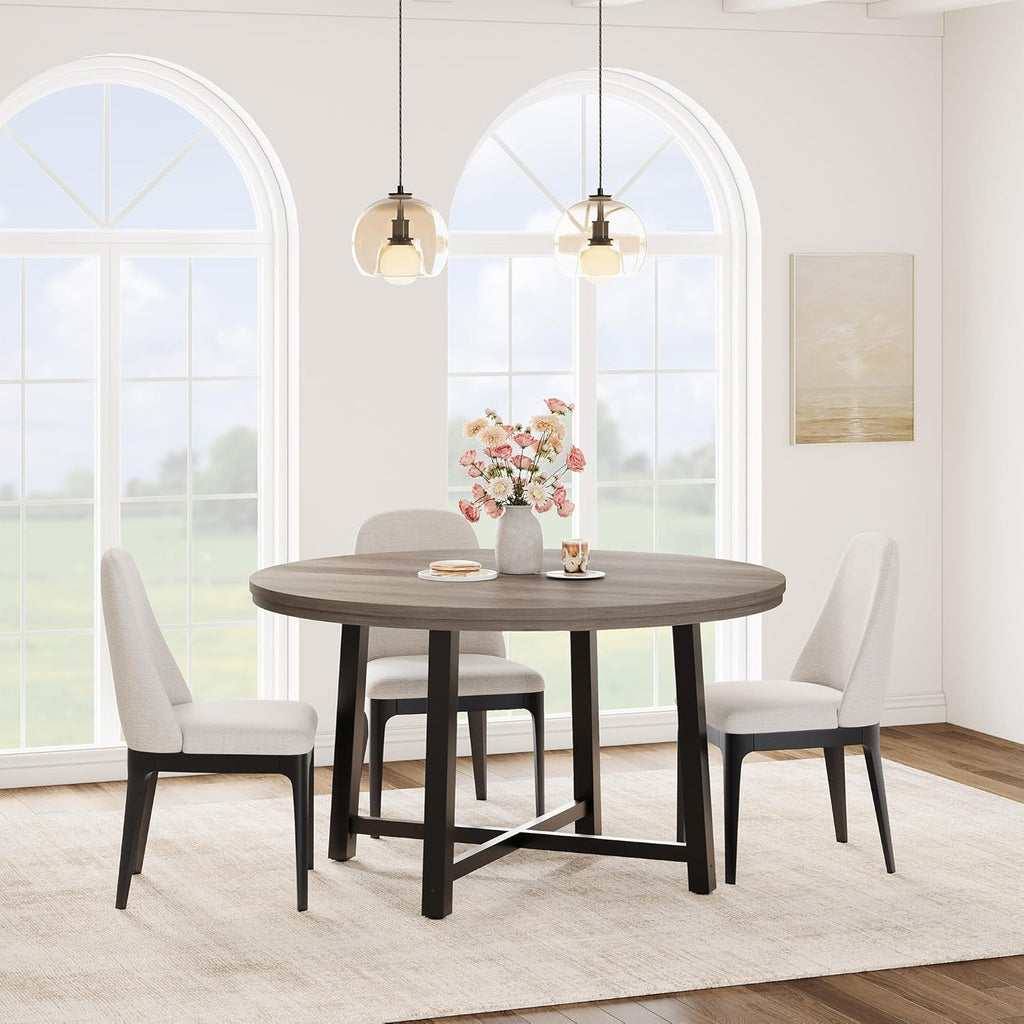 GarveeHome 47 in Round Dining Table, Industrial Dinner Table for 4 to 6, Wooden Kitchen Table with Sturdy Metal Frame & Rustic Gray Finish, Circle Kitchen Table for Dining Room, Kitchen （No Chairs）