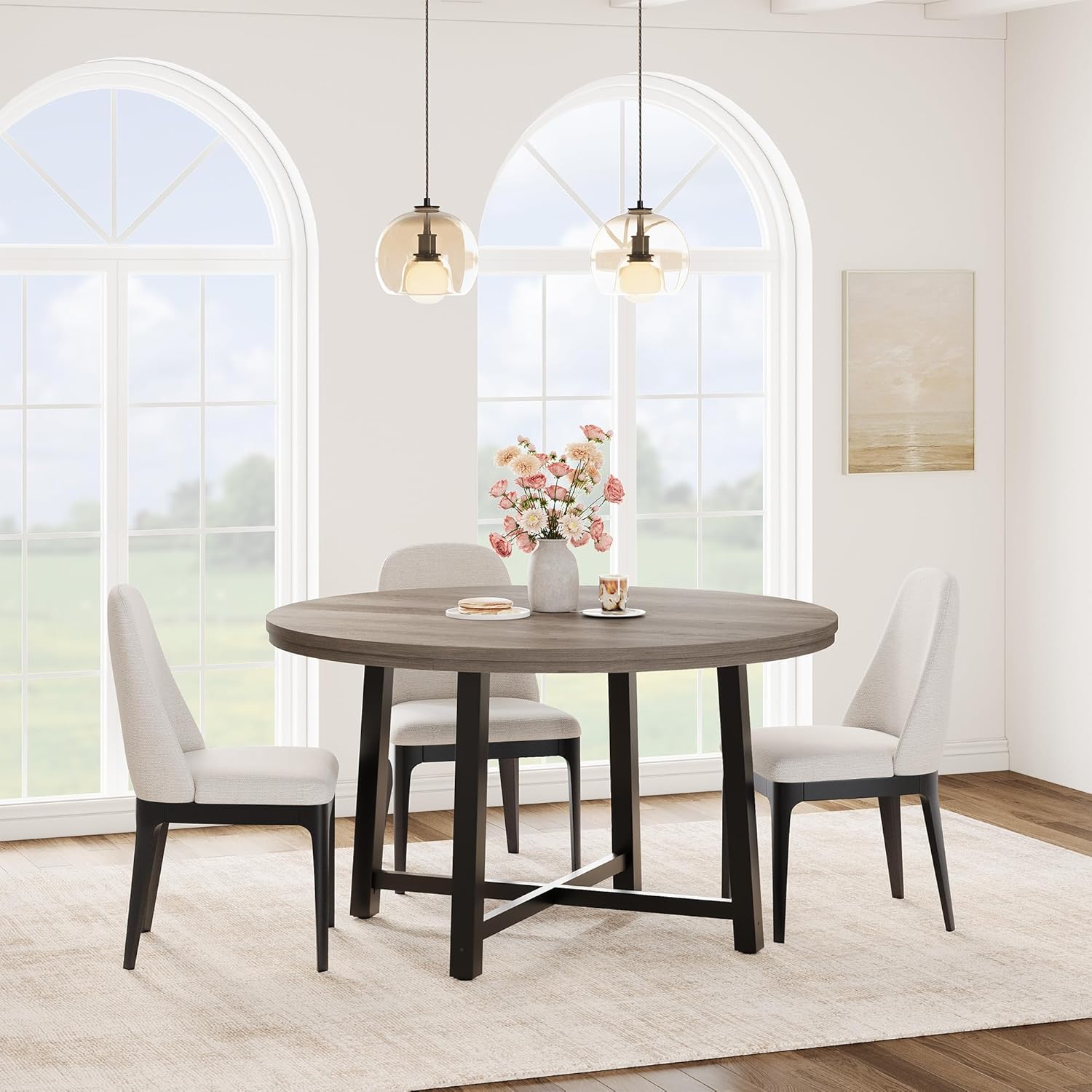 GarveeHome 47 in Round Dining Table, Industrial Dinner Table for 4 to 6, Wooden Kitchen Table with Sturdy Metal Frame & Rustic Gray Finish, Circle Kitchen Table for Dining Room, Kitchen （No Chairs）