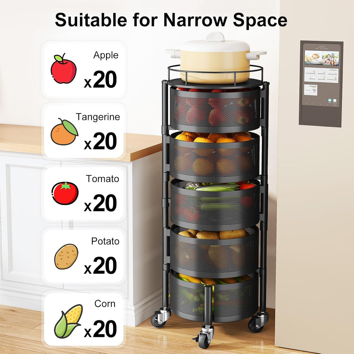 SAYZH 5 Tier Fruit Vegetable Basket Stand for Kitchen, Rotating, Black | Rolling Storage Cart with top lid, Large Metal Wire Rack for Potato and Onion Storage