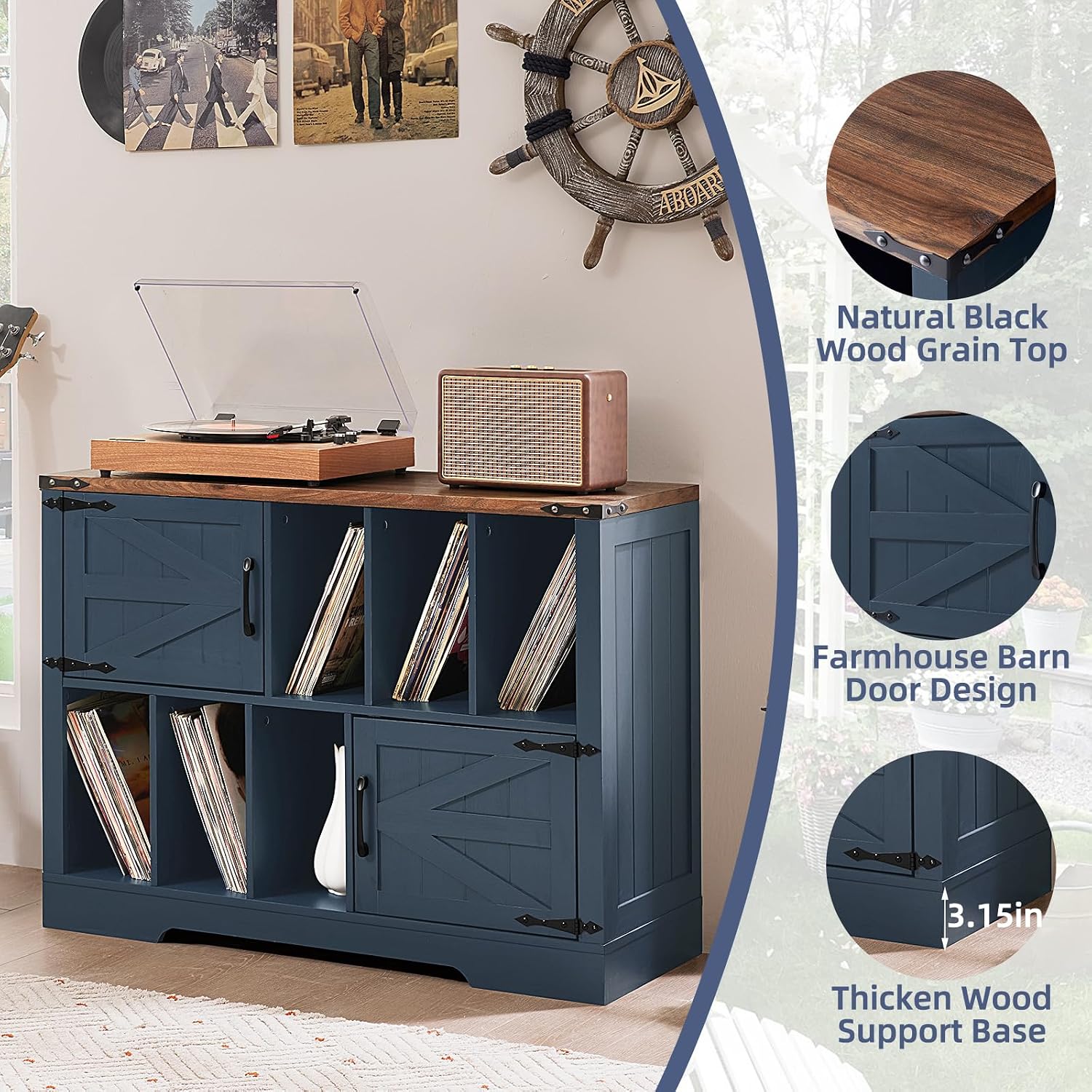 Joaxswe Large Record Player Stand with Vinyl Storage Up to 450 Albums, 39 Inch Farmhouse Wood Navy Blue Vinyl Records Storage Cabinet with Barn Doors, Mid-Century Turntable Stand for Living Room