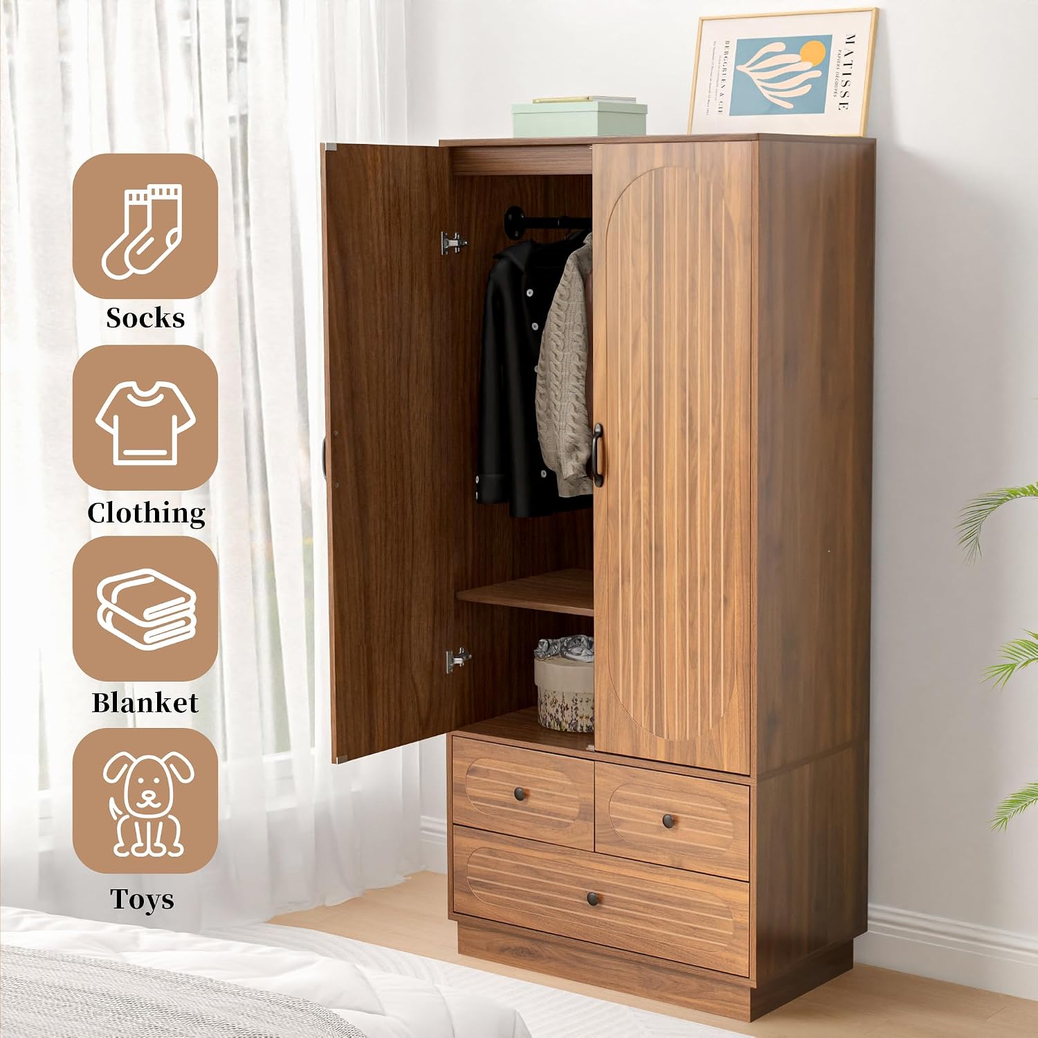 Jluomei Armoire Wardrobe Closet with Doors, Wardrobe Cabinet with 3 Drawers, Wooden Large Clothing Storage Cabinet with Hanging Rod and Shelf, Mid-Century Modern Tall Closet for Bedroom, Walnut